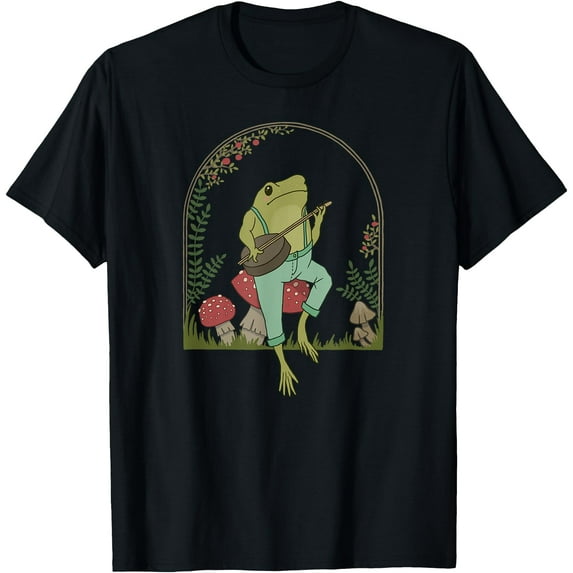 Cottagecore Aesthetic Frog Playing Banjo on Mushroom Cute Unisex T-Shirt for Men Women Kids,Black Color,Size L