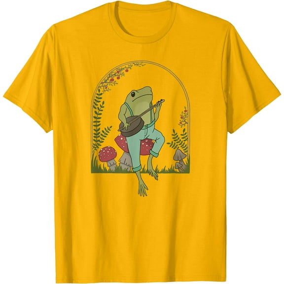 Cottagecore Aesthetic Frog Playing Banjo on Mushroom Cute Unisex T-Shirt for Men Women Kids,Gold Color,Size YXL