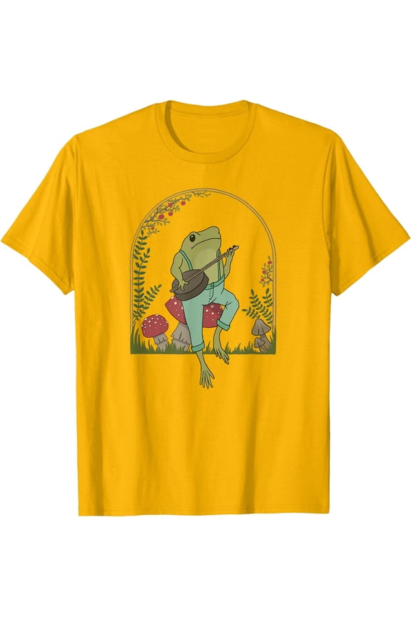 Cottagecore Aesthetic Frog Playing Banjo on Mushroom Cute Unisex T-Shirt for Men Women Kids,Gold Color,Size YXL