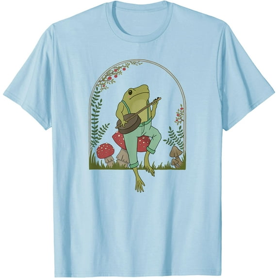 Cottagecore Aesthetic Frog Playing Banjo on Mushroom Cute Unisex T-Shirt for Men Women Kids,Light Blue Color,Size 3XL
