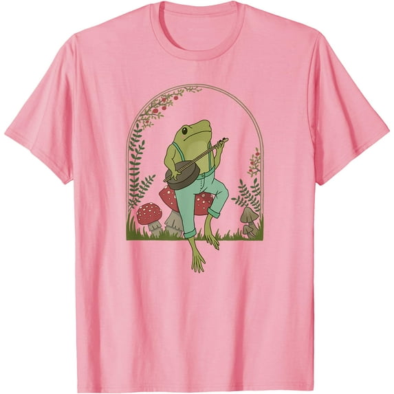 Cottagecore Aesthetic Frog Playing Banjo on Mushroom Cute Unisex T-Shirt for Men Women Kids,Light Pink Color,Size YM