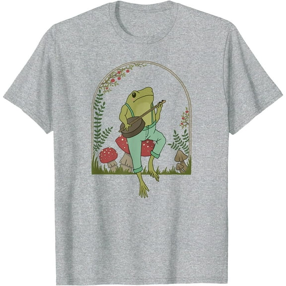 Cottagecore Aesthetic Frog Playing Banjo on Mushroom Cute Unisex T-Shirt for Men Women Kids,Sport Grey Color,Size L
