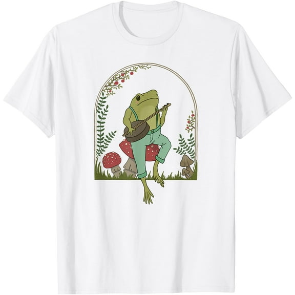 Cottagecore Aesthetic Frog Playing Banjo on Mushroom Cute Unisex T-Shirt for Men Women Kids,White Color,Size YXS