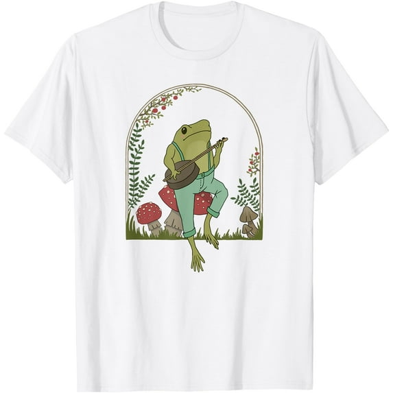 Cottagecore Aesthetic Frog Playing Banjo on Mushroom Cute Unisex T-Shirt for Men Women Kids