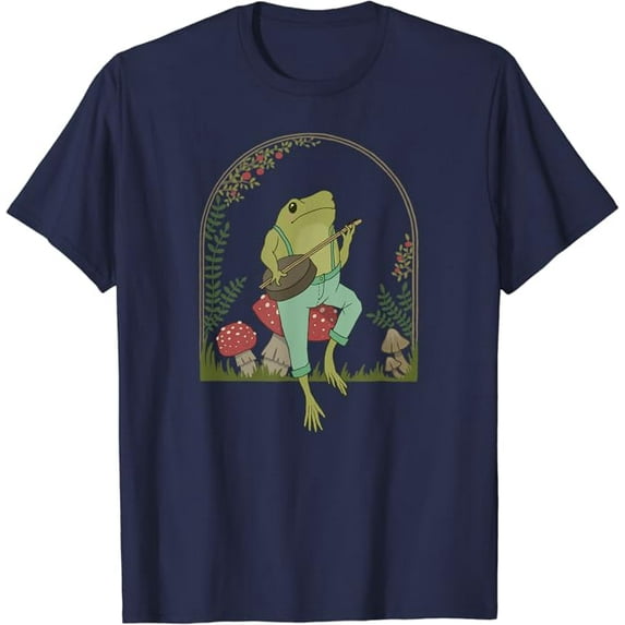 Cottagecore Aesthetic Frog Playing Banjo on Mushroom Cute Vintage Style T-Shirt, Navy Color, Size 2XL