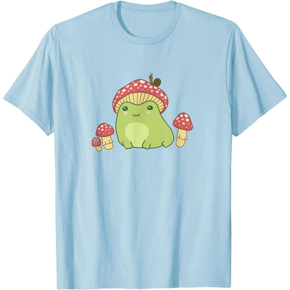 Cottagecore Aesthetic Frog with Mushroom Hat and Snail Unisex T-Shirt for Men Women Kids Toddler,Light Blue Color,Size M