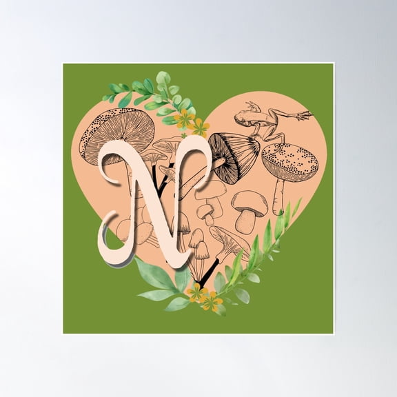 Cottagecore Aesthetic Letter N Monogram Poster Wall Art, Modern Wall Decor, 24x24 UNFRAMED