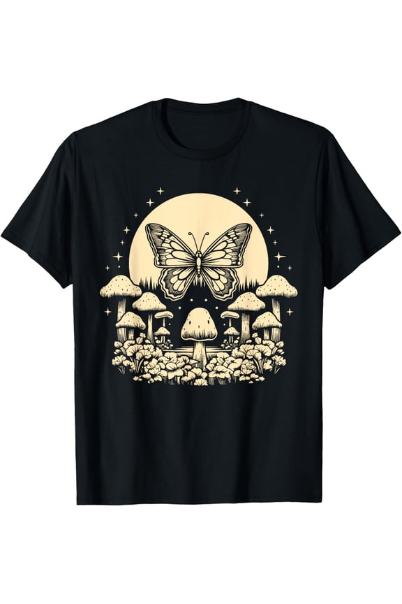 Cottagecore Aesthetic Mushroom Butterfly Full Moon Vintage T-Shirt