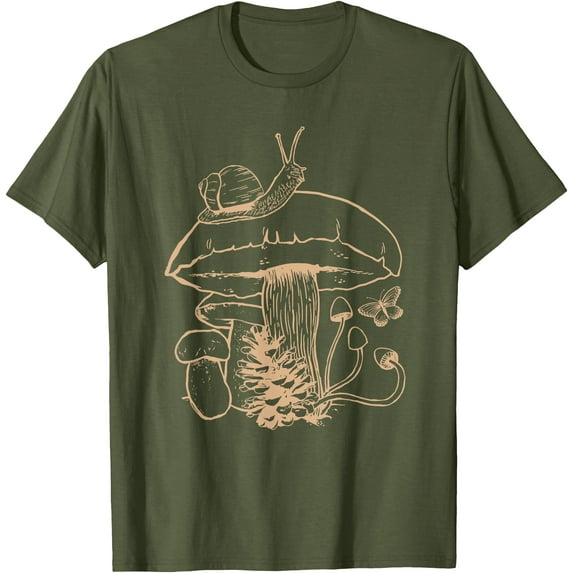 Cottagecore Aesthetic Mushroom Snail Goblincore Mycology Unisex T-Shirt for Men Women Kids Toddler,Military Green Color,Size YM