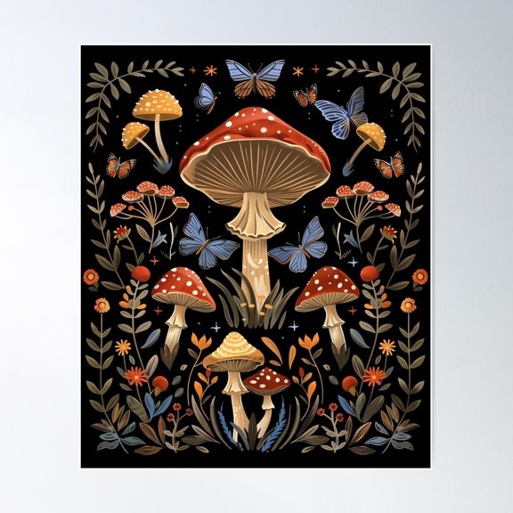 Cottagecore Aesthetic Mushrooms Wildflower And Butterflies Poster Wall Art, Modern Wall Decor For Living Room Bedroom, 8x12 UNFRAMED