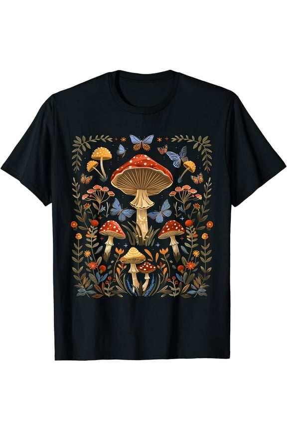 Cottagecore Aesthetic Mushrooms Wildflower and Butterflies T-Shirt
