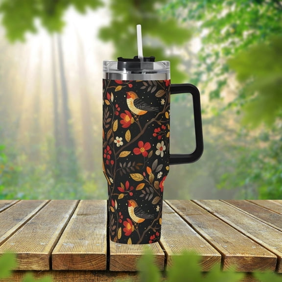 Cottagecore Bird Floral 40oz Stainless Steel Tumbler With Handle and Straw, Fall Botanical Forest Drink Cup, Travel Tumbler, Tumbler Gift