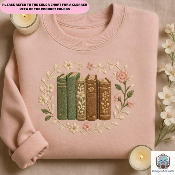 Cottagecore Book Stack Embroidered Sweatshirt, Book Lover Gift Shirt, Floral Book Lover Gift, Aesthetic Bookworm Sweater