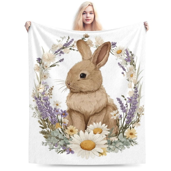 Cottagecore Bunny Throw Blanket with Wildflower Spring Design, Soft Flannel Fleece for Sofa, Bed & Easter Gift 50x40