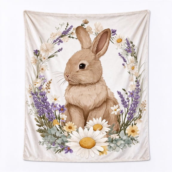 Cottagecore Bunny Throw Blanket with Wildflower Spring Design, Soft Flannel Fleece for Sofa, Bed & Easter Gift 50x40