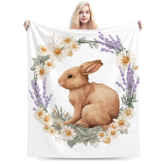 Cottagecore Bunny Throw Blanket with Wildflower Spring Design, Soft Flannel Fleece for Sofa, Bed & Easter Gift 50x40
