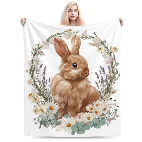 Cottagecore Bunny Throw Blanket with Wildflower Spring Design, Soft Flannel Fleece for Sofa, Bed & Easter Gift 50x40