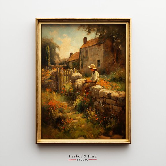 Cottagecore Child Sitting on Stone Wall Vintage Art, Unframed Paper Poster 11x14in