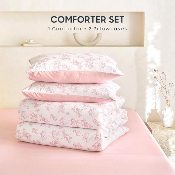 Cottagecore Comforter Set Queen Size Pink Floral Vintage Shabby Chic 3 Piece Bedding for Women Teen Girls