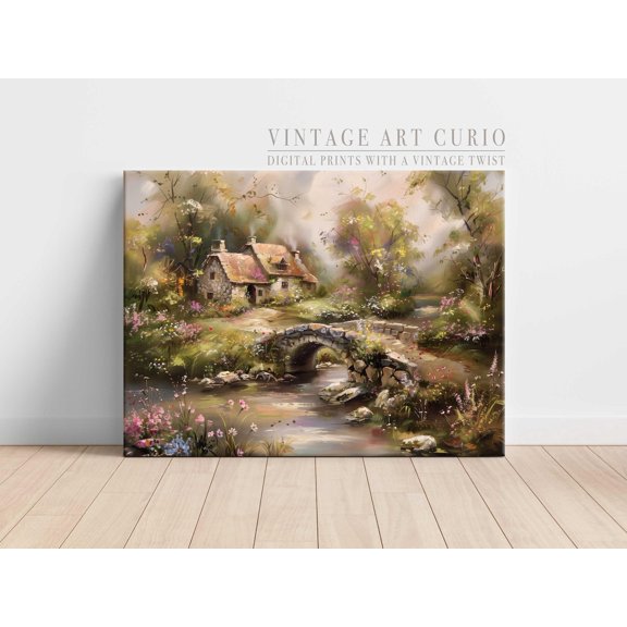 Cottagecore Cottage, Floral Bridge, Garden Landscape Unframed Paper Print