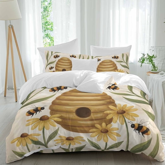 Cottagecore Cream Beehive Bedding Duvet Cover Set Queen Size 4 Pieces, Nature Wildflower Bumblebee Bedding Set with Zipper Closure, 1 Comforter Cover 90x90 Inches 1 Flat Sheet & 2 Pillow Cases