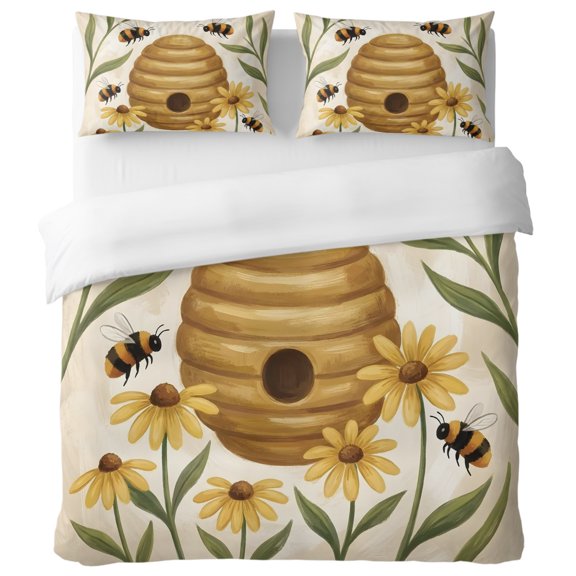 Cottagecore Cream Beehive King Duvet Cover Set, Nature Wildflower Bumblebee Decorative 3 Piece Bedding Set with Zipper Closure Soft Breathable Microfiber Comforter Cover & 2 Pillowcases