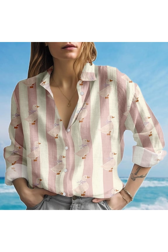 Cottagecore Duck Blouse Shirt, Pink Stripe Women Shirt, Farm Animal Casual Shirt, Kawaii Spring Shirt, Birthday Gift For Her
