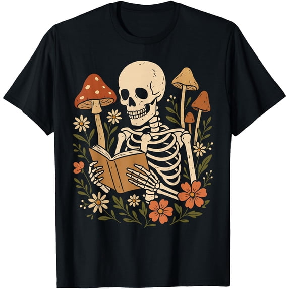 Cottagecore Reading Cottagecore Floral Mushroom Skeleton Reading Books Unique Unisex T ...