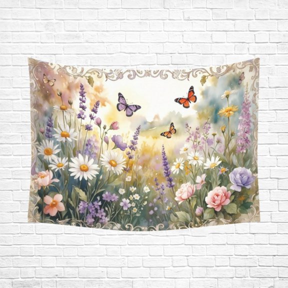 Cottagecore Floral Tapestry Wall Hanging – Romantic Garden Wall Decor with Butterflies & Soft Flowers, Polyester Peach Skin Fabric Large Tapestry for Bedroom Living Room Decor