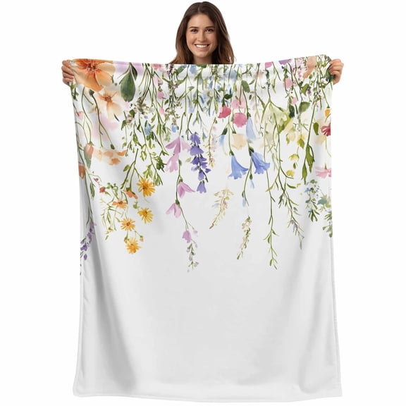 Cottagecore Floral Throw Blankets, Colorful Watercolor Flowers Leaves Soft Fleece Blanket Decorative for Home Sofa Couch Chair Living Bedroom, 30x40 Inches,