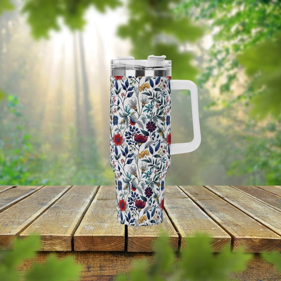 Cottagecore Flowers 40oz Stainless Steel Tumbler With Handle Lid and Straw, Botanical Floral Drink Cup, Travel Tumbler, Fun Tumbler Gift