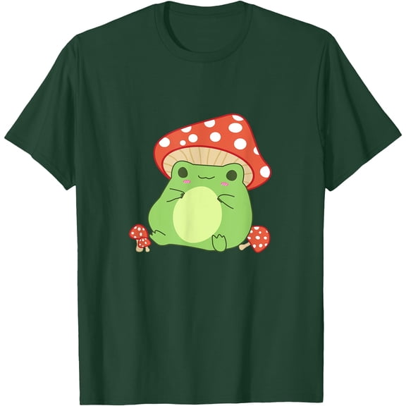 Cottagecore Frog Aesthetic Cute With Mushroom Hat Unisex T-Shirt for Men Women Kids Toddler,Forest Green Color,Size YS