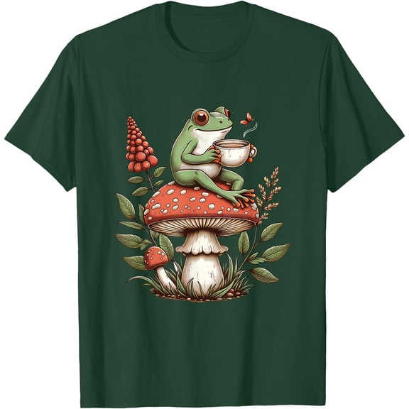 Cottagecore Frog Coffee Cottagecore Aesthetic Unisex T-Shirt for Men Women Kids Toddler,Forest Green Color,Size M