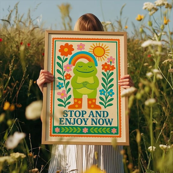 Cottagecore Frog Poster: Retro Wall Art, Mindfulness Poster, Stretched Canvas Size 8x12