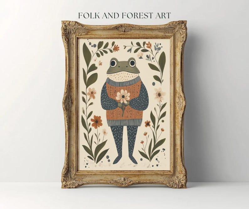 Rustic Frog Cottagecore Frog Printable Wall Art – Cozy Folk Art Frog Holding Flower ...
