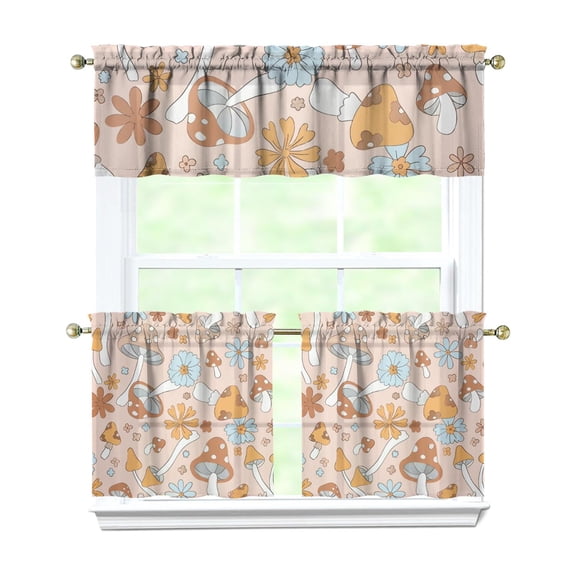 Cottagecore Fungi Kitchen Curtains Set, Aesthetic Fungi Gothic and Psychedelic Rod Pocket Tier and Valance, Trippy Woodland Mushroom Design