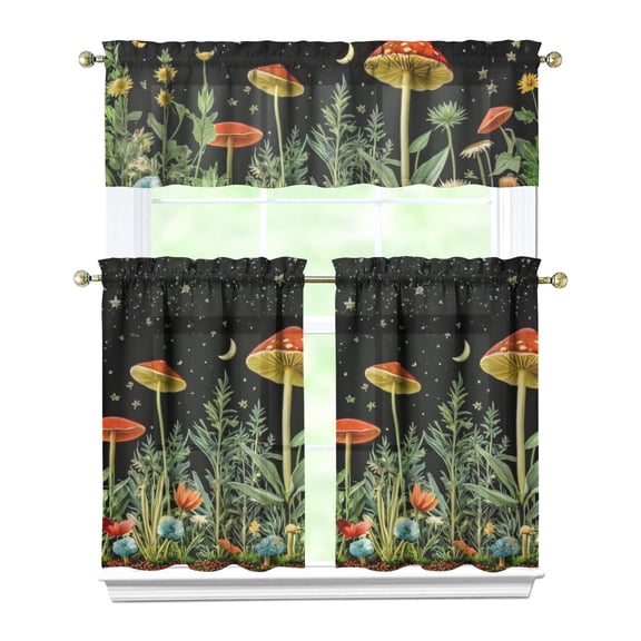 Cottagecore Fungi Kitchen Curtains Set, Rod Pocket Tier and Valance, Aesthetic Fungi Gothic Kitchen Curtains for Dining Rooms
