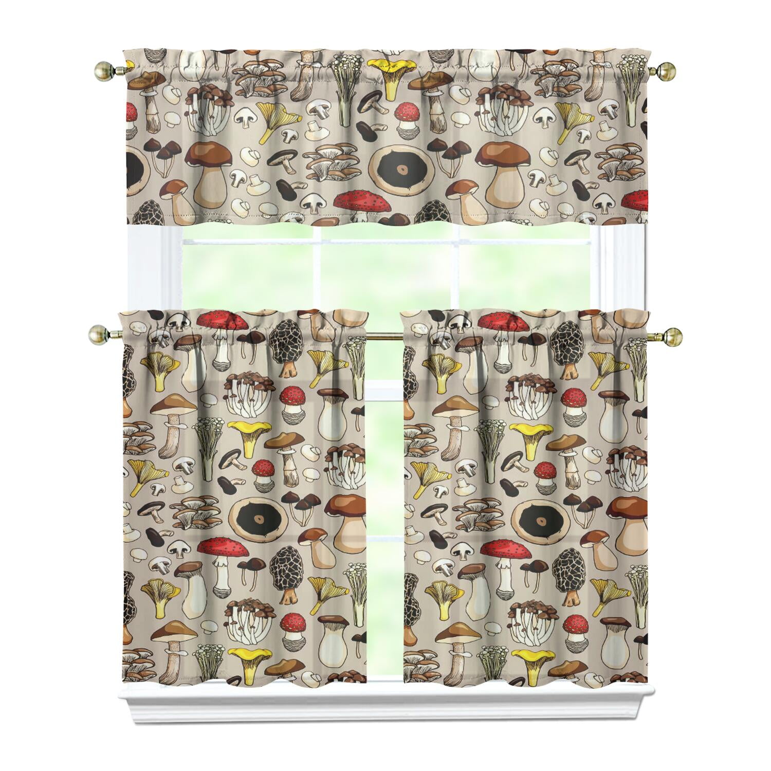 Cottagecore Fungi Kitchen Curtains Set, Rod Pocket Tier and Valance ...