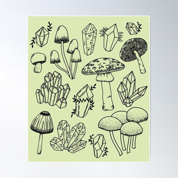 Cottagecore Goth Mushroom Fungi Crystals: Witchy Mycology, Vintage Grunge Fairycore, Forest Themed Goblincore Poster Wall Art, Modern Wall Decor For Living Room Bedroom, 12x18 UNFRAMED