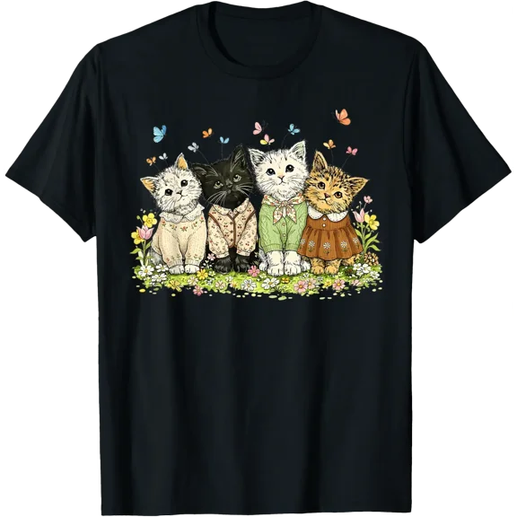 Cottagecore Grandma Core Cat Kitten Granny Aesthetic Floral T-Shirt Size S-5XL