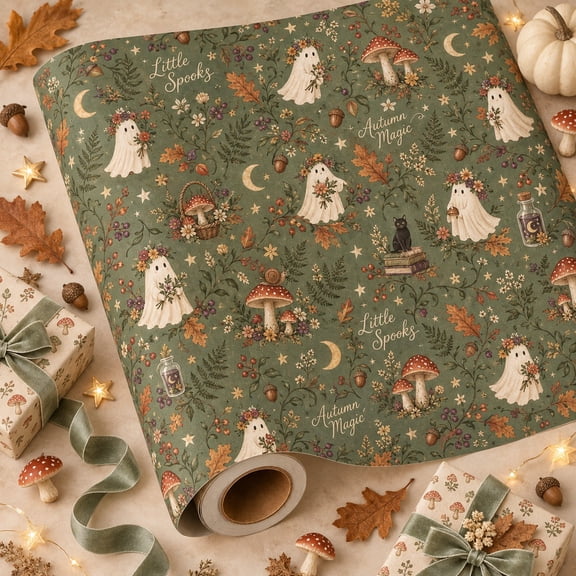 Cottagecore Halloween Ghosts Wrapping Paper for Fall Gifts