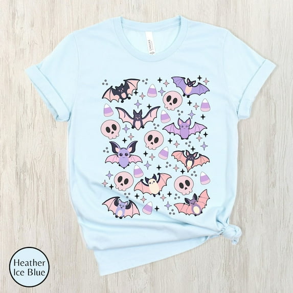 Cottagecore Halloween T-shirt, Cute Pastel Halloween T-shirt, Pastel Bats And Skulls, Cottagecore Halloween Gift, Pastel Halloween Goth, Pink Skulls.