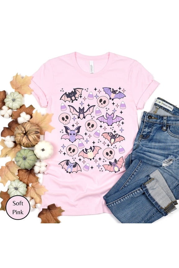 Cottagecore Halloween T-shirt, Cute Pastel Halloween T-shirt, Pastel Bats And Skulls, Cottagecore Halloween Gift, Pastel Halloween Goth, Pink Skulls.