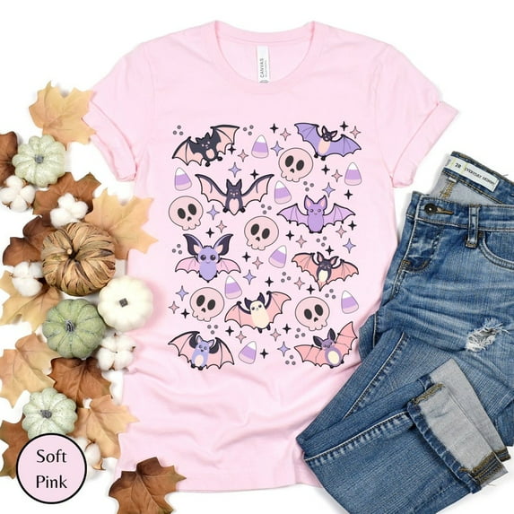 Cottagecore Halloween T-shirt, Cute Pastel Halloween T-shirt, Pastel Bats And Skulls, Cottagecore Halloween Gift, Pastel Halloween Goth, Pink Skulls.