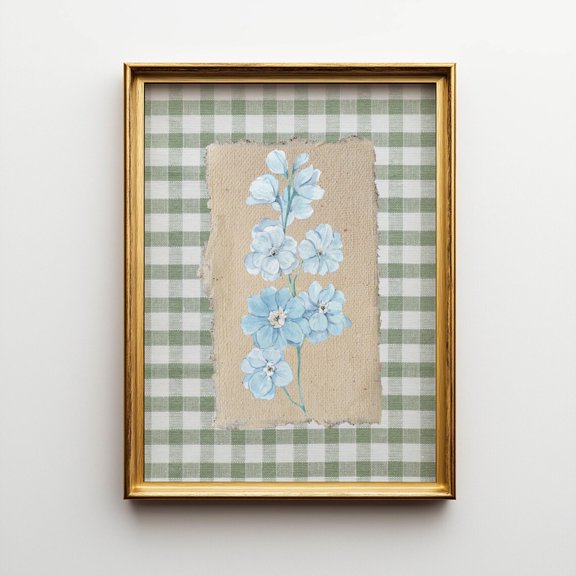 Cottagecore Kitchen Print: Green Gingham, Blue Flowers, Rustic Farmhouse Wall Art, Unframed Paper Poster 11x14in