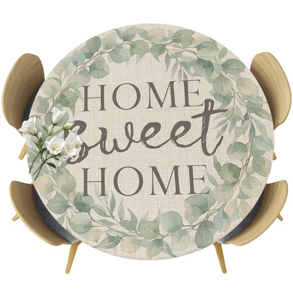 Cottagecore Leaves Round Tablecloth 36-44 Inch Round Fitted Table Cloth with Elastic Edge, Sweet Eucalyptus Leaves Vintage Beige Waterproof Table Cover Protector for Outdoor Picnic Party Dining
