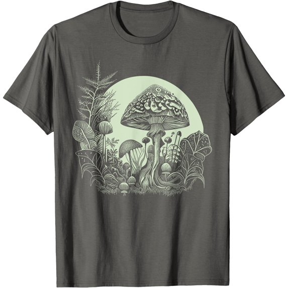 Cottagecore Moon Mushrooms Plants and Trees Unisex T-Shirt for Men Women Kids Toddler,Charcoal Color,Size 4XL