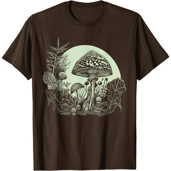 Cottagecore Moon Mushrooms Plants and Trees Unisex T-Shirt for Men Women Kids Toddler,Dark Chocolate Color,Size 4XL
