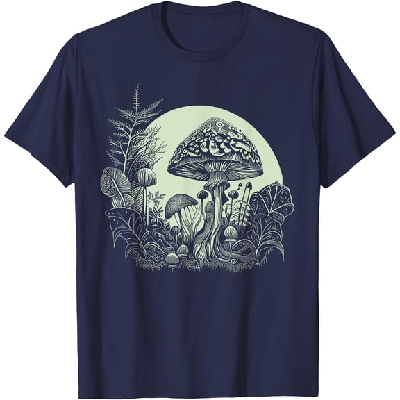 Cottagecore Moon Mushrooms Plants and Trees Unisex T-Shirt for Men Women Kids Toddler,Navy Color,Size 2XL