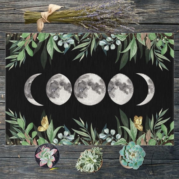 Cottagecore Moon Phase Botanical Welcome Mat Doormat, Water Resistant, Non Slip, 24 x 16 Inch, Indoor Outdoor